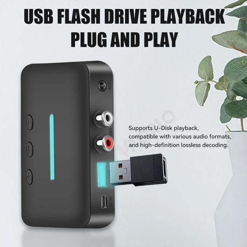 Bluetooth Audio Receiver USB Bluetooth 5.3 Audio Receiver Adapter Wireless Stereo Music 3.5mm AUX R/L RCA Support U-Disk Playback For Desktop Speaker Amp