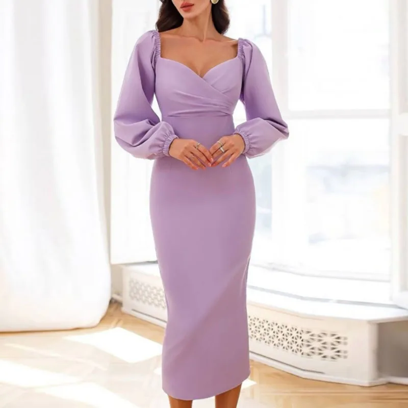 

Office Lady Sexy V-neck High Waist Slim Dress Elegant Women's Lantern Sleeve Party Long Dress Fashion Solid Draped A-line Dress