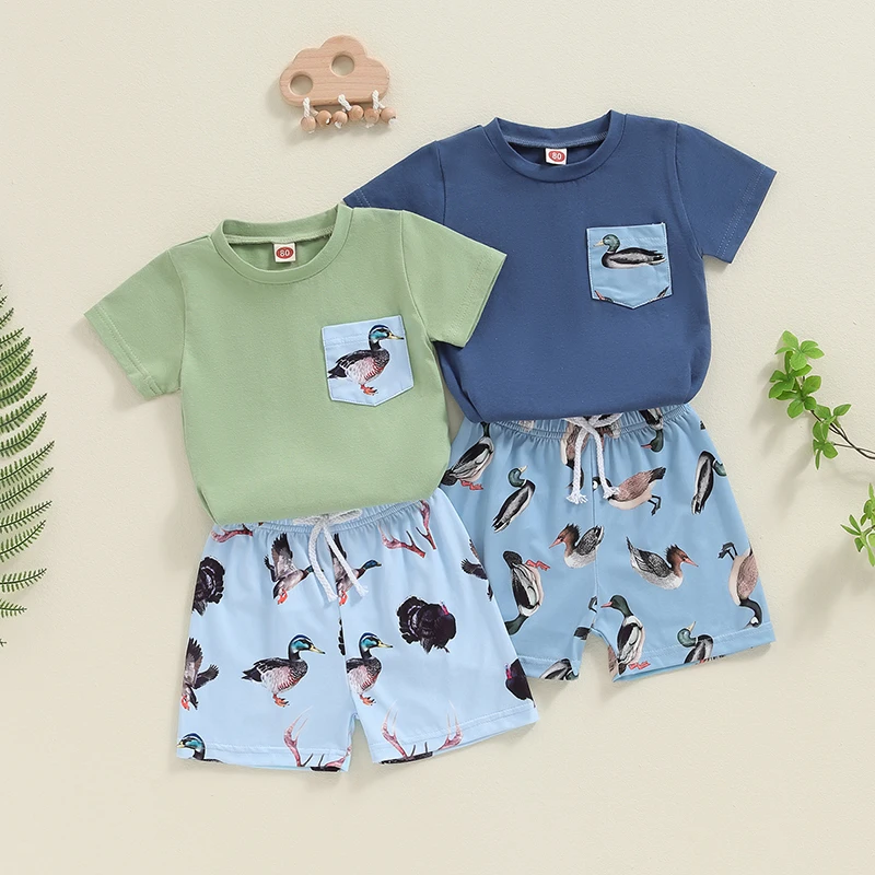Toddler Baby Boy Summer Outfit Duck Print Short Sleeve T-Shirt Elastic Waist Shorts Set