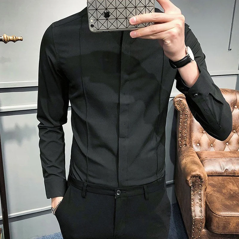 Spring Autumn Korean Fashion Solid Color Blouse Homme Long Sleeve Casual All-match Bottoming Shirt Male Slim Polo-neck Shirt
