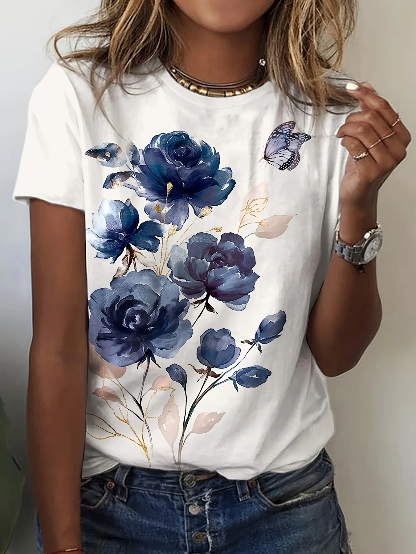 White & Navy Women's Tee - Blue Rose & Butterfly Graphic, Elegant Watercolor Print Design for Casual Daily Wear