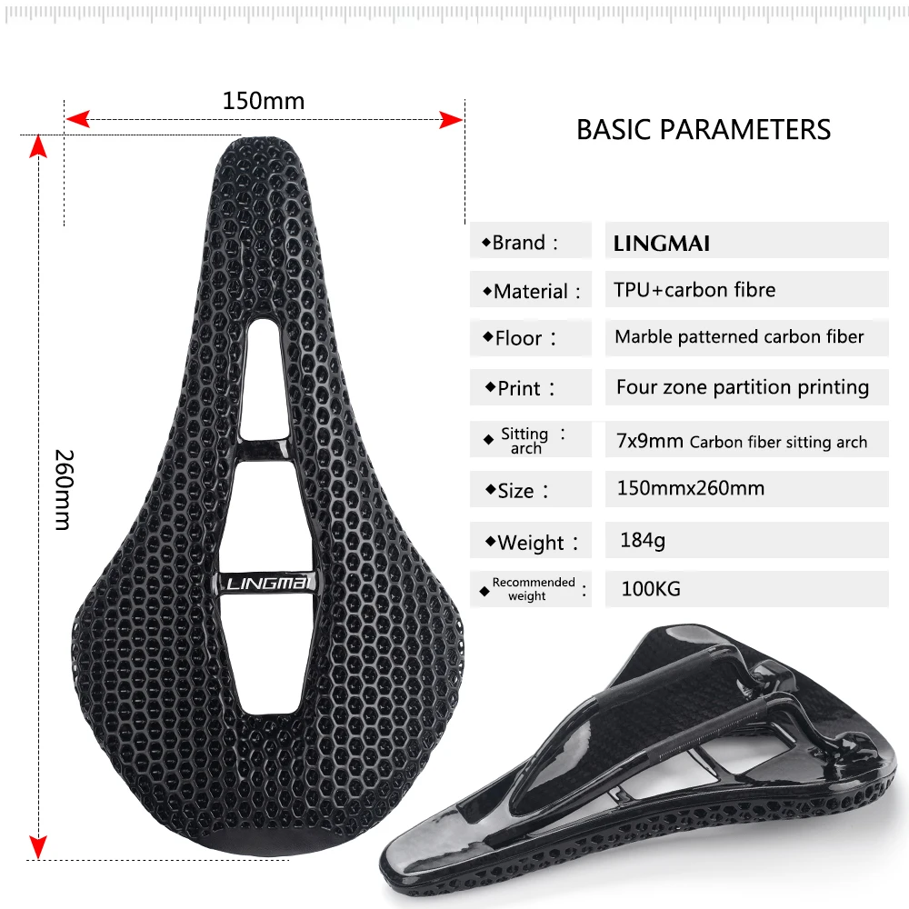 Selle De Vélo Carbone Imprimée 3D - 145 Mm Large - Rail 7x10 Mm - 182 G - Noire