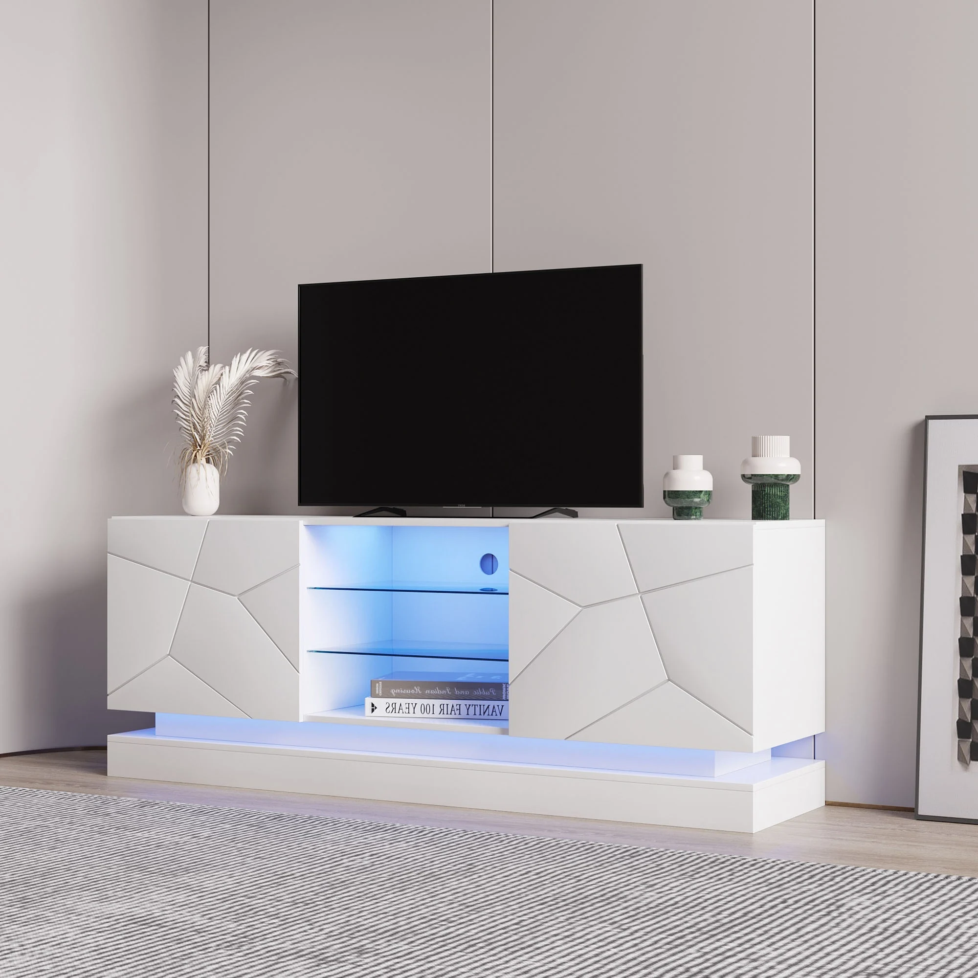 KOMHTOM Weißer mattierter TV-Ständer 1,6 Meter Länge - Verstellbare Glasablage, Platz für 70 Zoll Fernseher – Detail 2