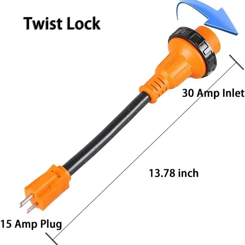 

RV Conversion Adapter with Twist Lock 15A Male To 30A Female 12 inch Copper Wires Camper Electric Cable Generator Power Cords