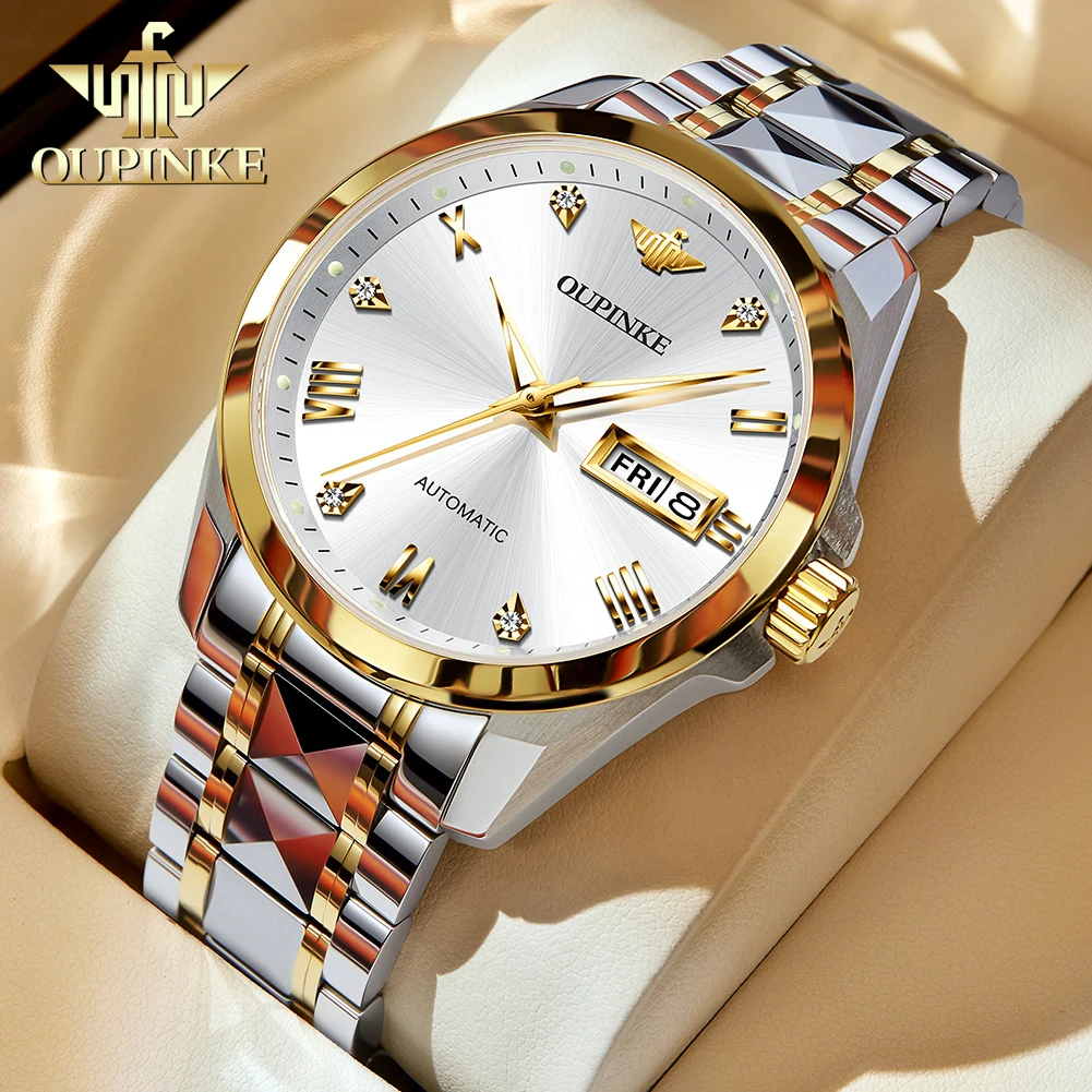 OUPINKE 3171 Automatic Watch For Men Dual Calendar Roman Scale Original Mechanical Wristwatch Luxury Business Man Dress Watches