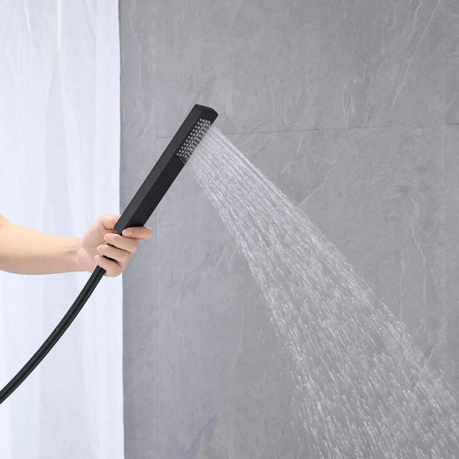 OUIO Waterfall Tub Filler Freestanding Bathtub Faucet Black Floor Mount Brass Single Handle Bathroom Faucets with Hand Shower