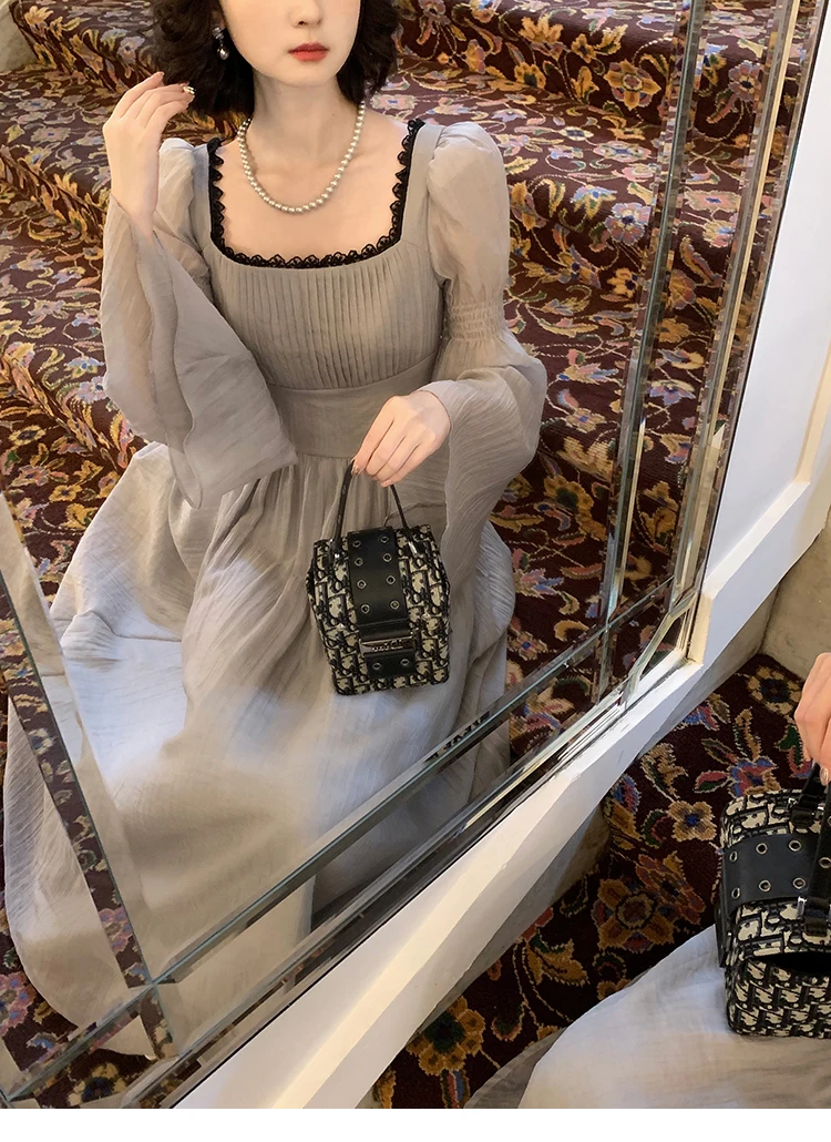 Autumn Princess Midi Dresses for Women Square Collar Flare Sleeve A-line Party Dress Slim Waist Korean One Piece Vestidos New