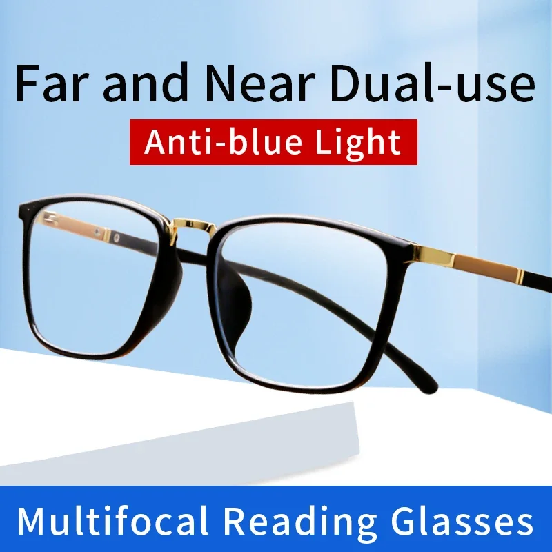 Progressive Multifocal Reading Glasses for Men, Anti Blue Ray Anti-fatigue Presbyopia Eyeglasses,Square Computer Glasses