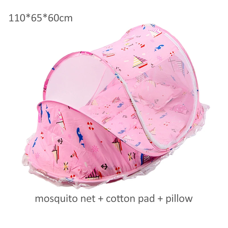 Culla Per Bimbo Pieghevole Con Zanzariera 124x65x121cm, Lettino Bimbo A Due Livelli Regolabile Rosa