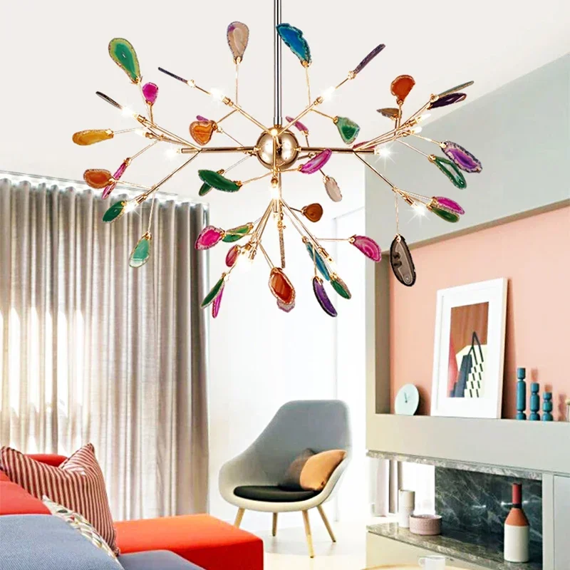 

Nodic Style LED Modern Suspension Chandelier Multicolor Agate Newest Design Hanging Lamp Home Decor Bedroom Lobby Foyer