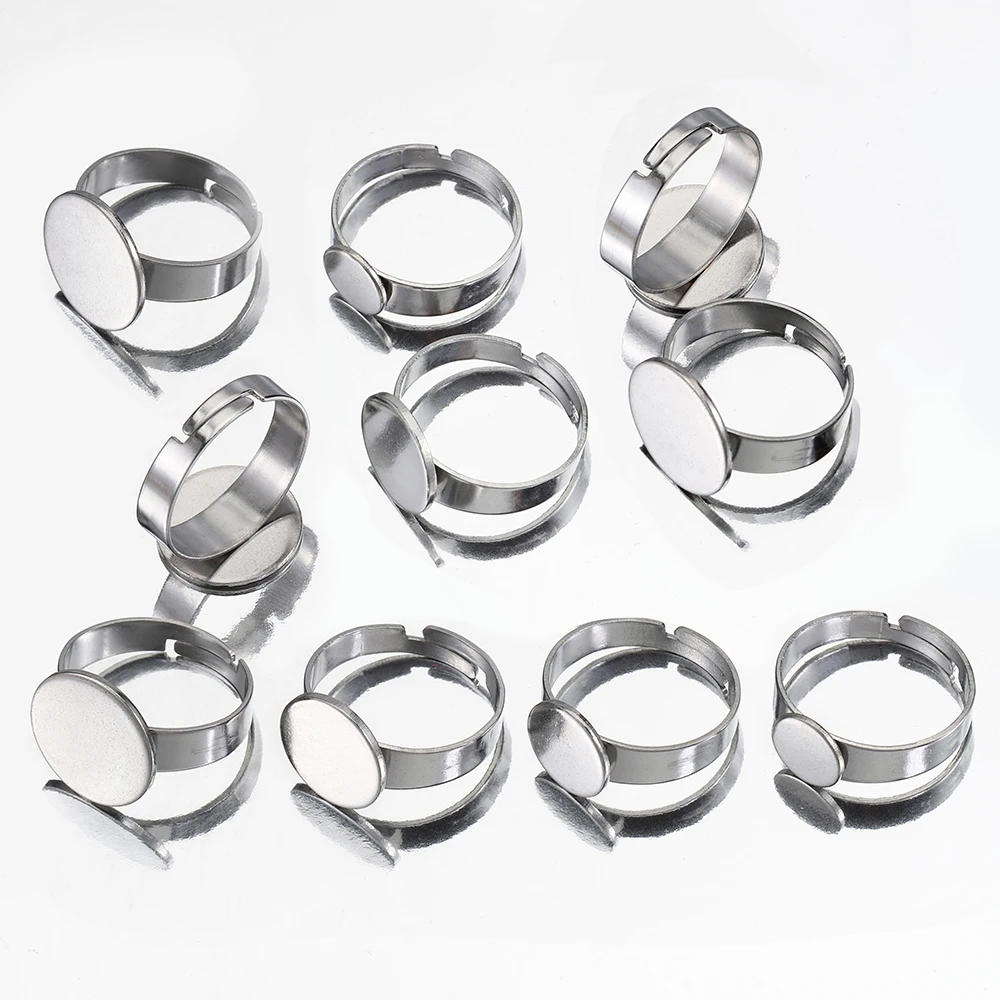Set of 10 Stainless Steel Adjustable Ring Settings with Round Bezel Blanks