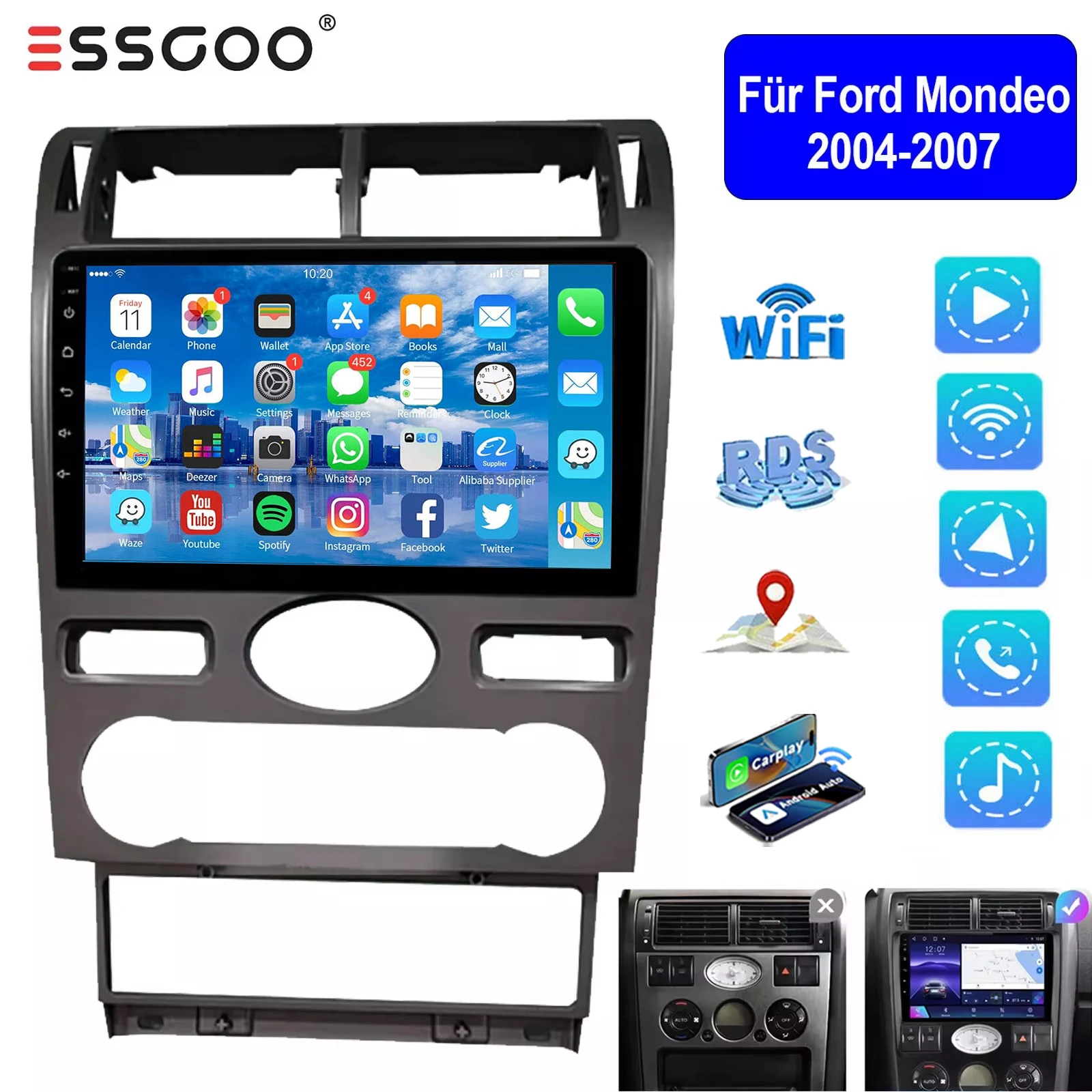 ESSGOO 9" 2 DIN Android13 Carplay Android Auto Multimedia Vdieo Player AutoRadio For Ford Mondeo 2004-07 GPS Nav WiFi FM RDS USB