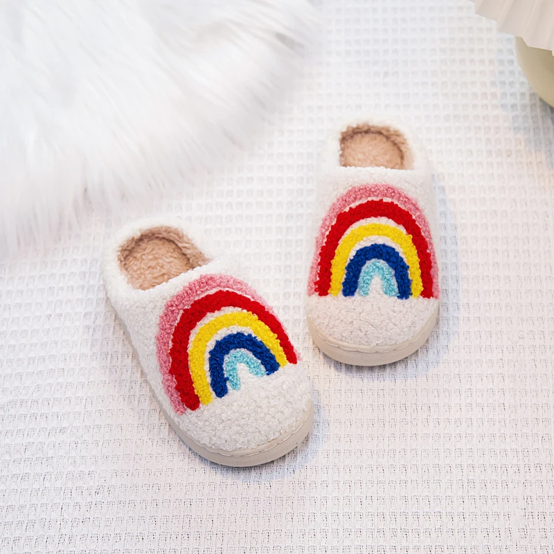 Rainbow Furry Kids Slippers Winter Soft Plush Home Shoes