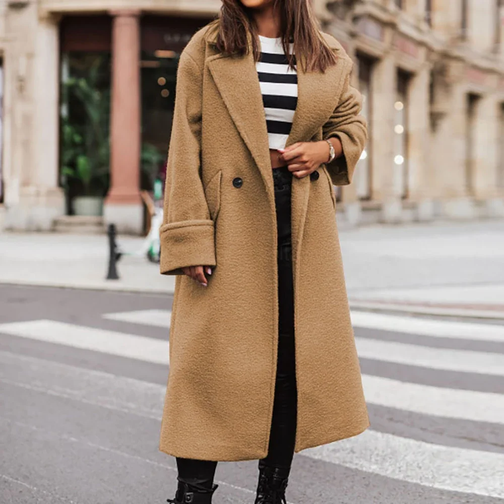 

Abrigo de manga larga con botones empalmados para mujer, abrigo largo cálido, elegante, coreano, invierno, 2023