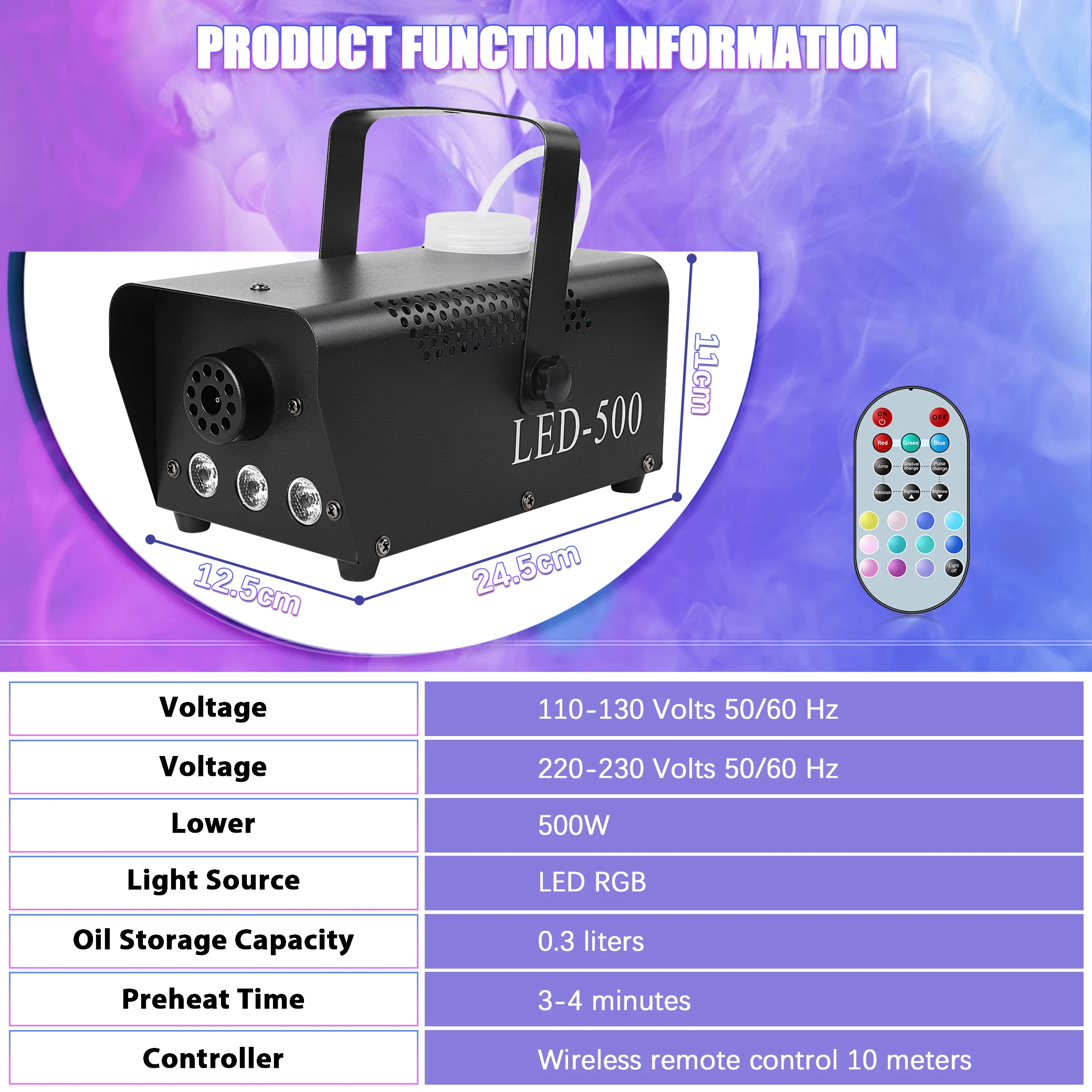 Mini Smoke Machine U'King 500W Smoke Machine RGB LED Fog Machine Stage Lighting Effect with Remote Control Fogger For Wedding DJ Show Bar Party
