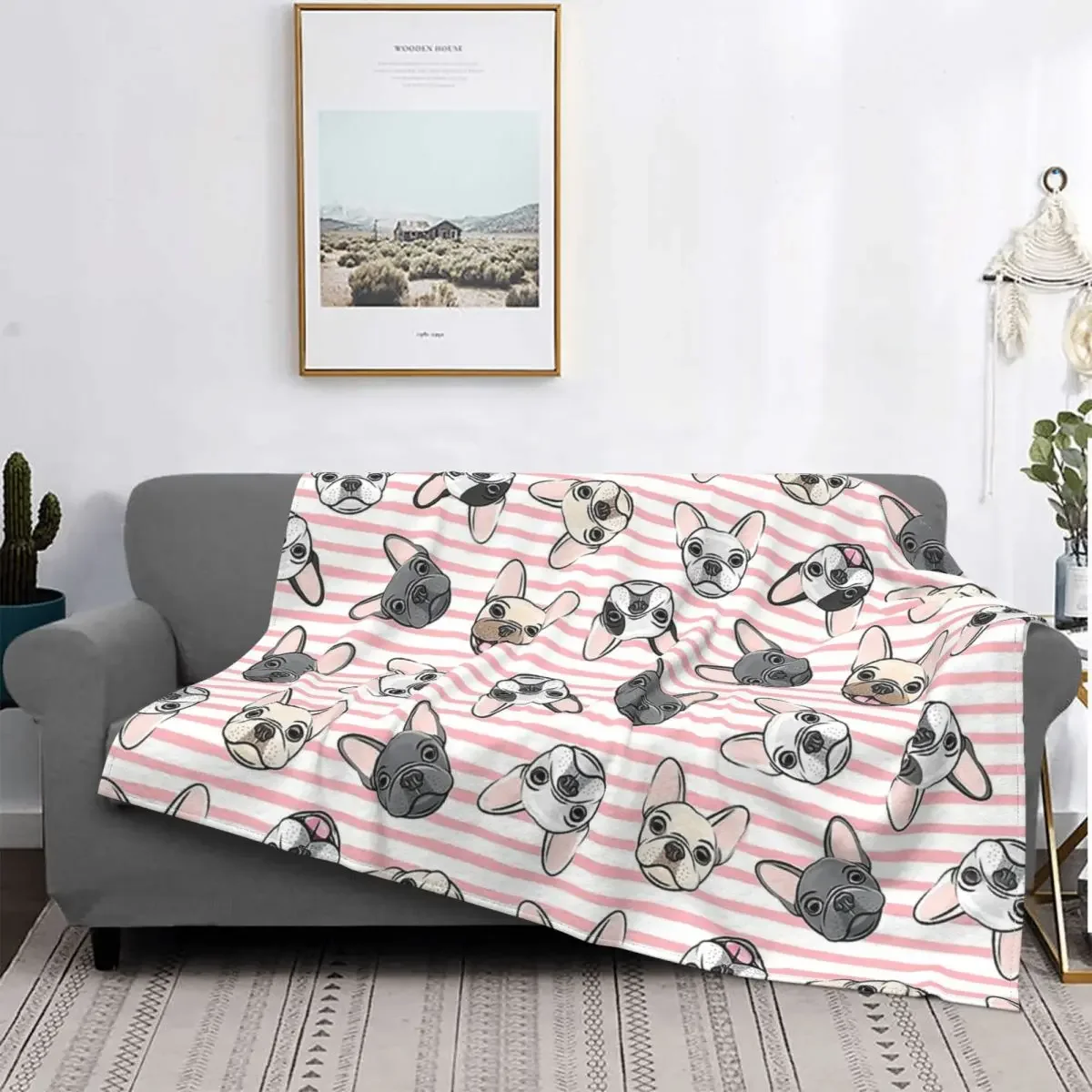 

French Bulldog Blanket Flannel All The Frenchies Pink Stripes Cute Cozy Soft FLeece Bedspread