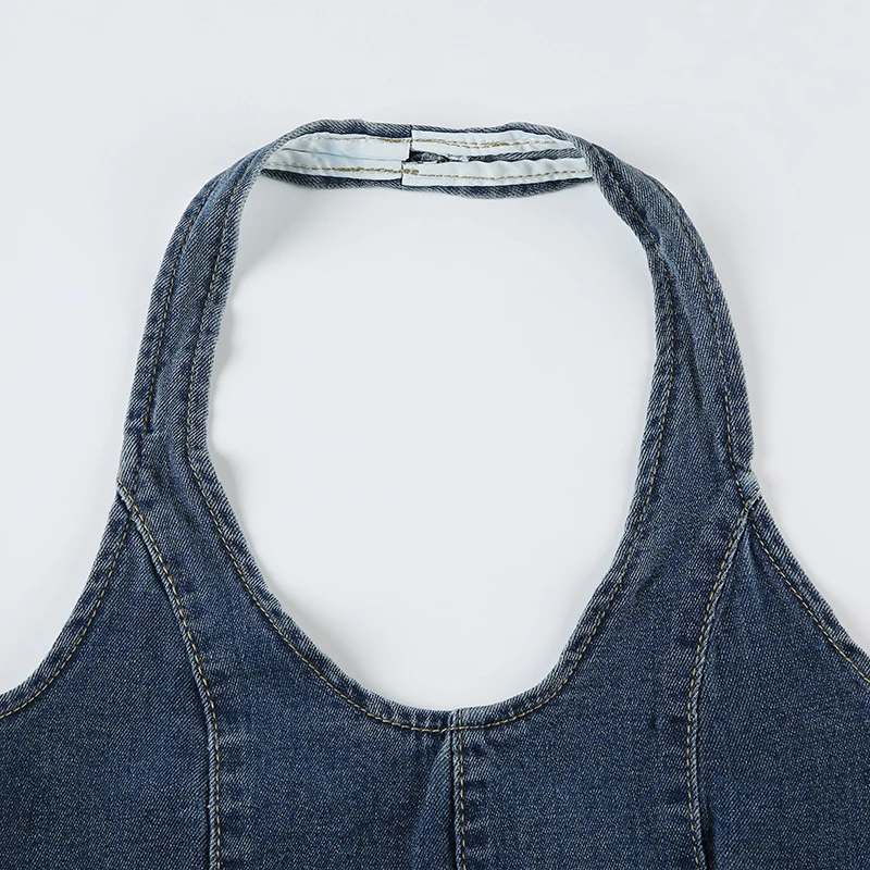 Embroidery Butterfly Women Halter Denim Tank Top Fashion Street Y2K Sleeveless Vest Backless Sexy Fitted Cropped Top