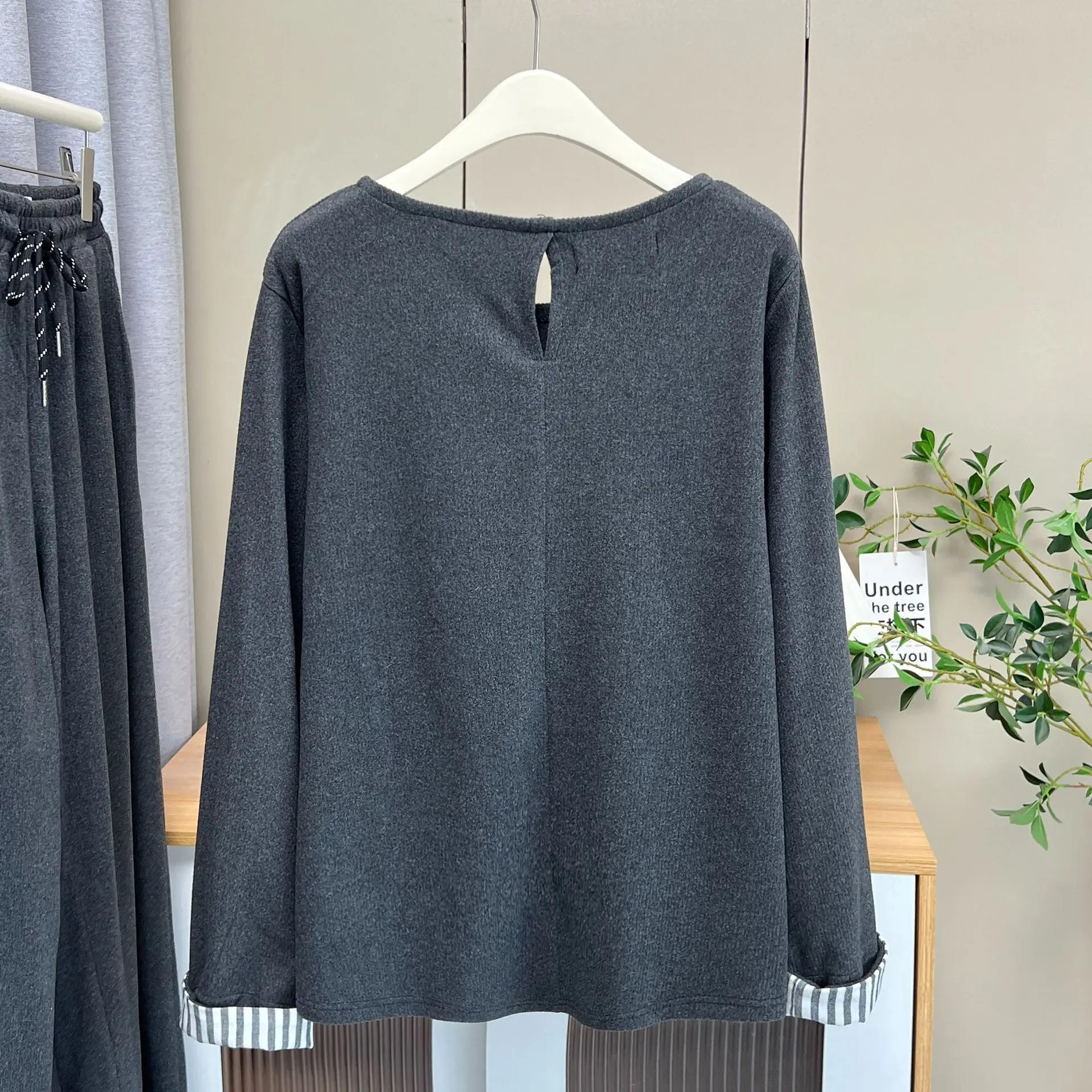 Plus Size Women's Two Piece Set Of Casual Cashmere Striped Cuffs Long Sleeve Top And Drawstring High Waist Pants Autumn 2025