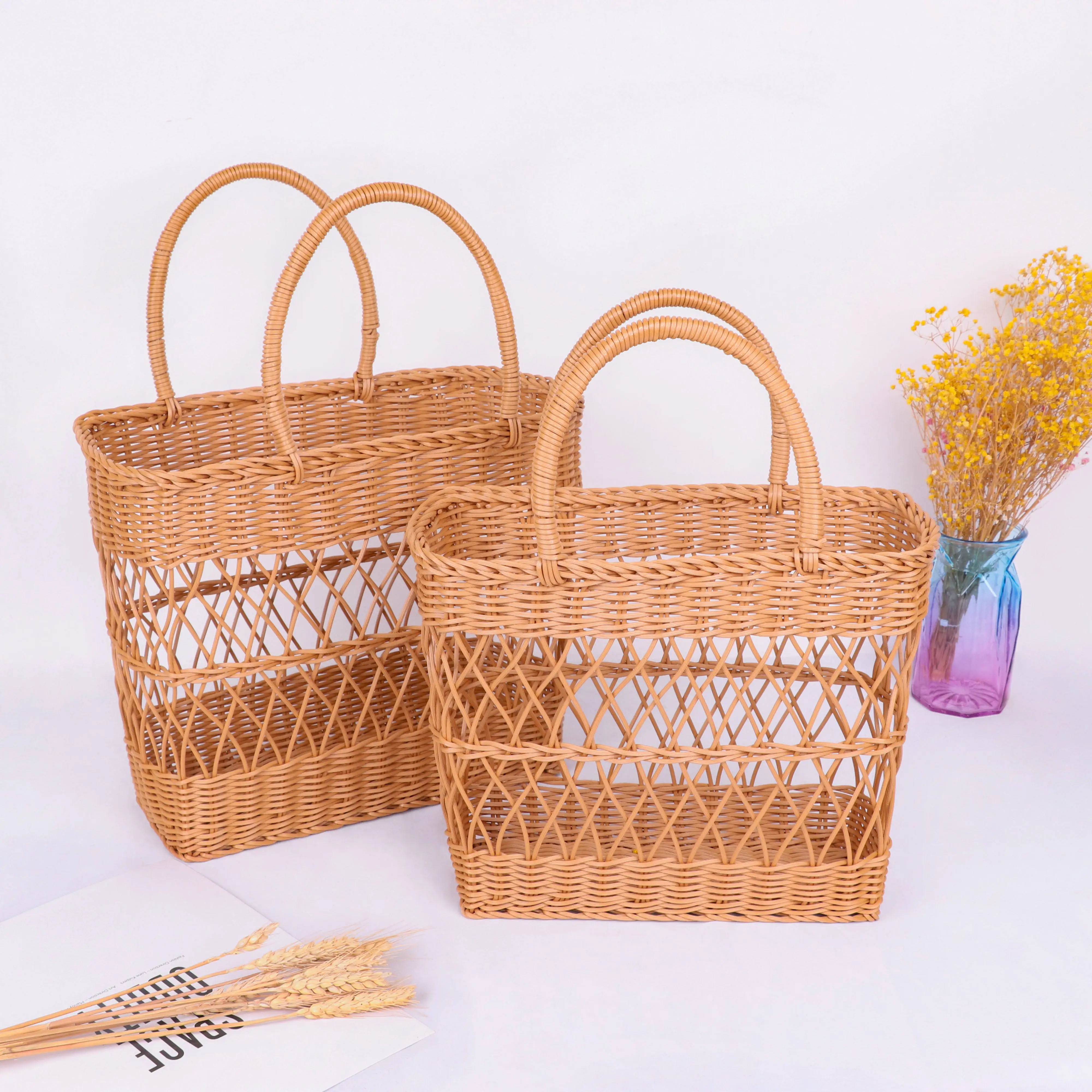 Woven Picnic Basket Large Capacity Fashionable Handmade Shopping Basket Portable Rattan For Camping Picnic BBQ Fishing