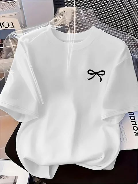 T-shirt à manches courtes pour femmes, avec nœud noir imprimé, Style Simple, décontracté, à la mode, doux et confortable, vêtements d'été pour femmes 1
