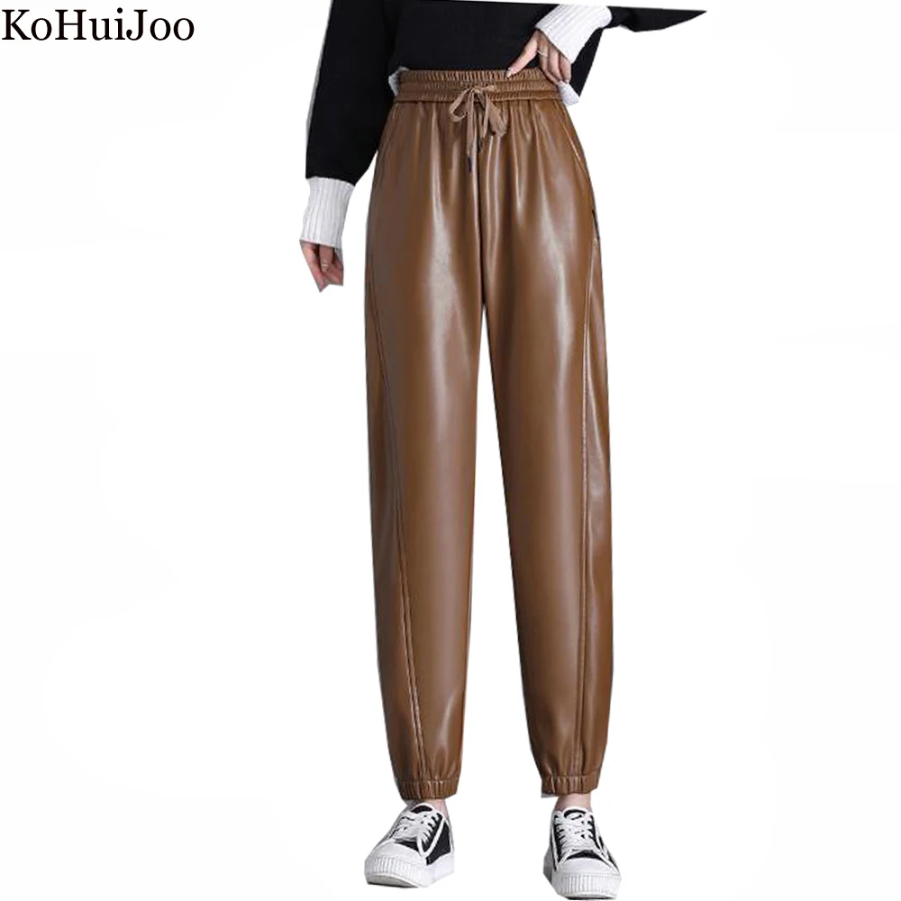 

KoHuiJoo Leather Pants Women Autumn Winter Thickening Women's Elastic Waist Sweatpants Ankle Length PU Harun Radish Trousers