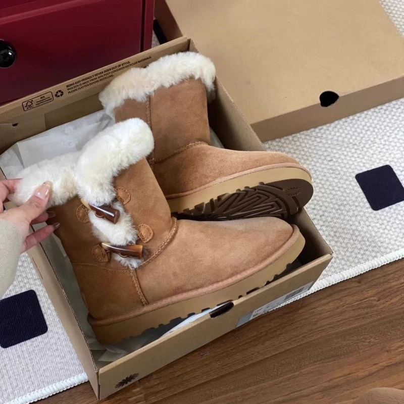 

Mid-Calf Cow Suede Snow Boots For Women Horn Buckle Fur Winter Cotton Warm Furry Oxford Suede Casual Woman's Outdoor Flats Shoes