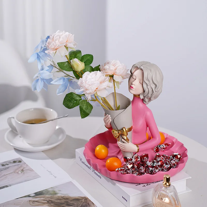 Simple Bouquet Girl Sculpture Ornament Resin Figure Vase Bedroom Jewelry Cosmetics Storage Box Fruit Candy Dessert Storage Tray 4