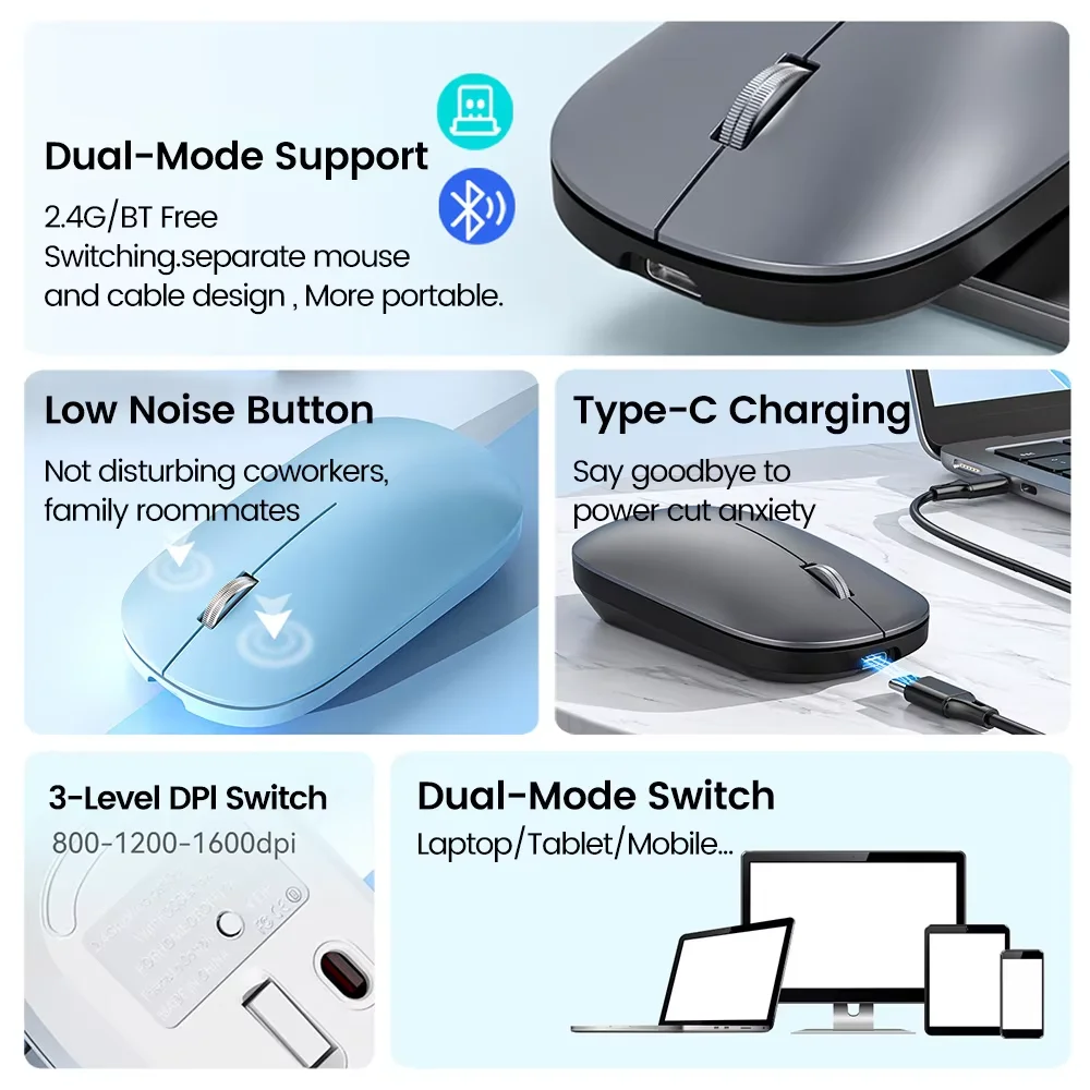 2.4Ghz Bluetooth Wireless Mouse Dual Mode Rechargeable Ergonomic Rechargeable Mice Gaming Mouse for PC/Laptop/Macbook