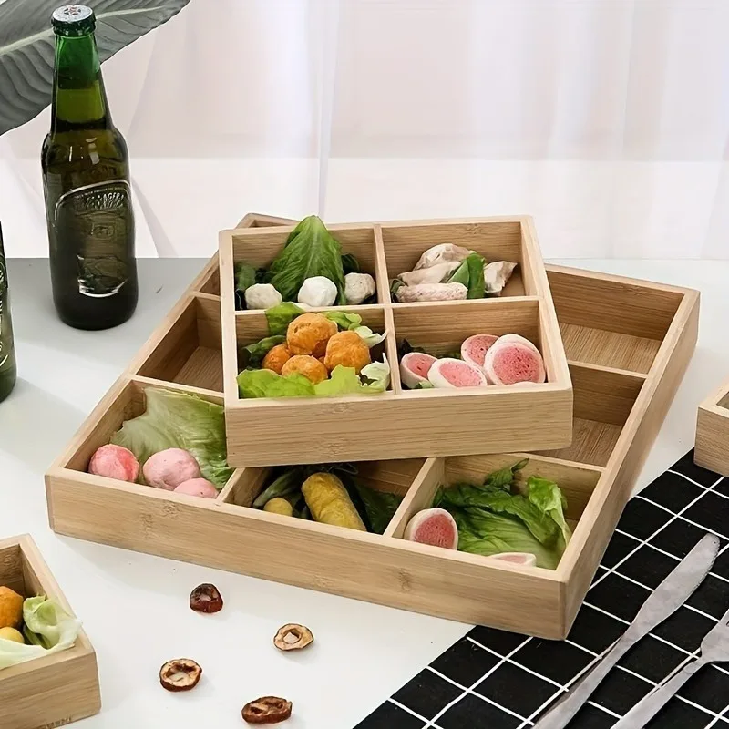 9-compartment Multifunctional Bamboo Partition Box, Snack Box, Fruit, Nut And Candy Hot Pot Box-Suitable For Kitchen, Co