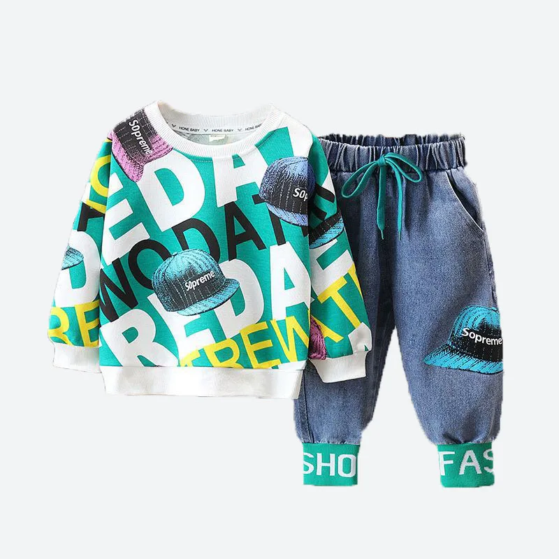 

Spring & Autumn Cotton Boys' T-Shirt Set 2023 New Korean Version Fashion leisure letter Two Piece Set Children's Clothing