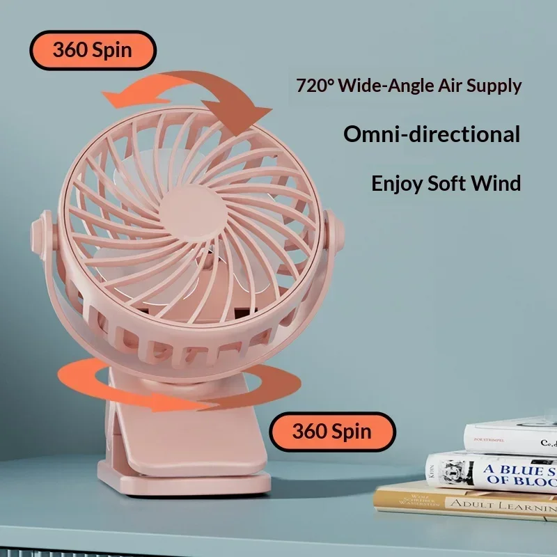 Compact USB Rechargeable Clip-On Fan with Adjustable Speeds and 720° Rotation