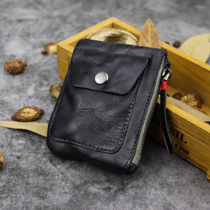 

Top layer cowhide vegetable tanned leather zero wallet Driver's license zipper light and thin card bag pleated change card bag