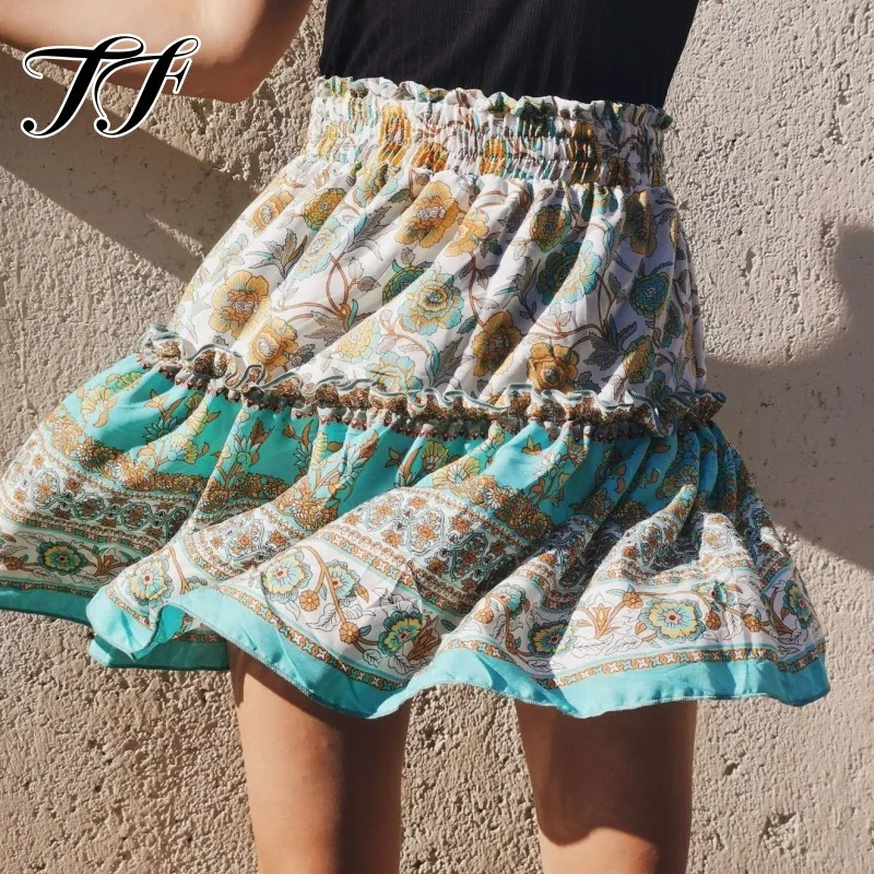 

Summer Floral Pleated Skirt for Womens, Fashion Bohemian Ruffle Printed Y2k Skirts, Ethnic Style Vacation Retro A-line Miniskirt