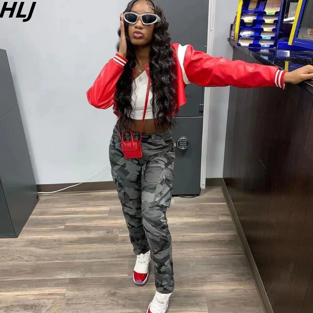 HLJ Gray Fashion Camouflage Printing Cargo Pants Women High Waisted Button Pocket Trousers Autumn Casual Sporty Matching Bottoms