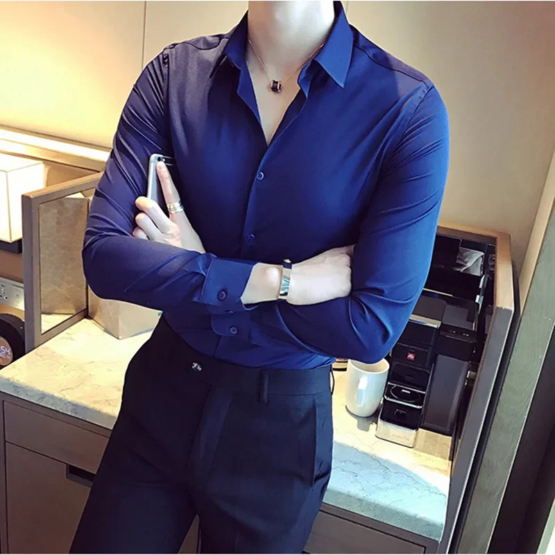High Quality Men Dress Shirt 2023 New Arrival Long Sleeve Solid Business Slim Fit Shirts Fashion Casual Club Social Wear Homme