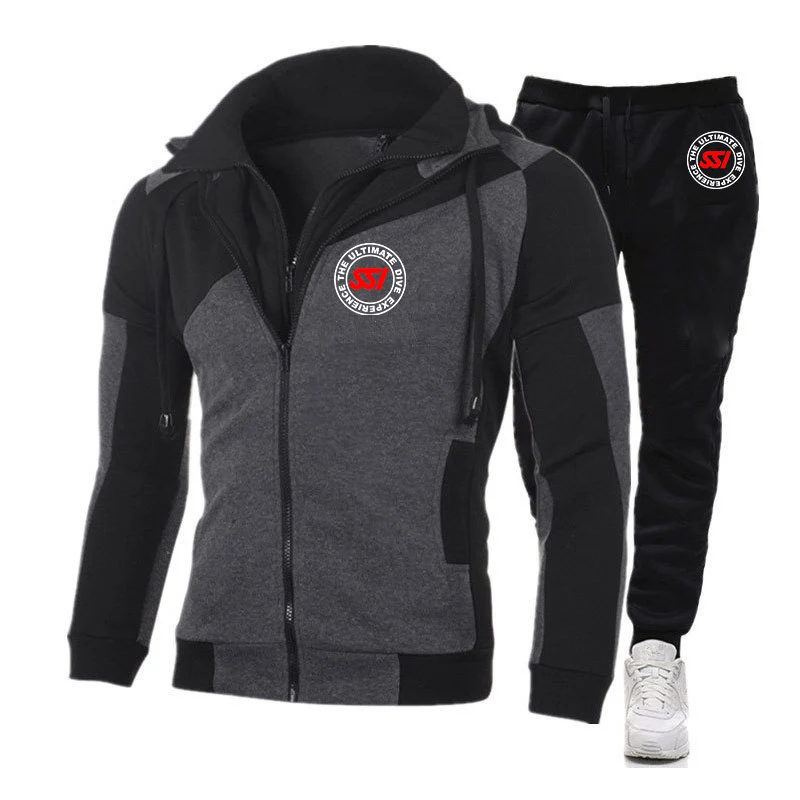 Scuba diving SSI printing fashion 2023 new men's diagonal zipper stitching sportswear hoodie casual sweatshirt sweatpants 2-piec