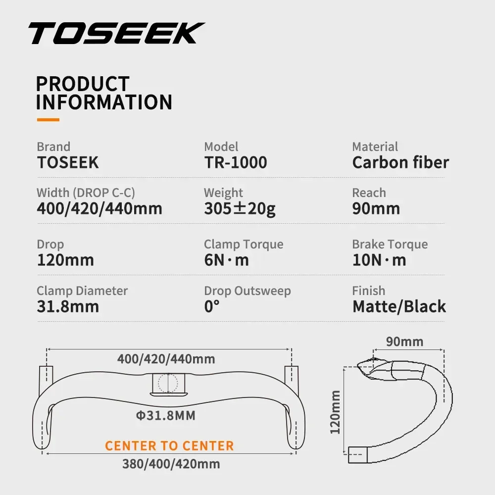 TOSEEK Road Bike Handlebar Full Carbon Drop Bar Black Highlight 400/420/440mm Stem Clamp Diameter 31.8mm