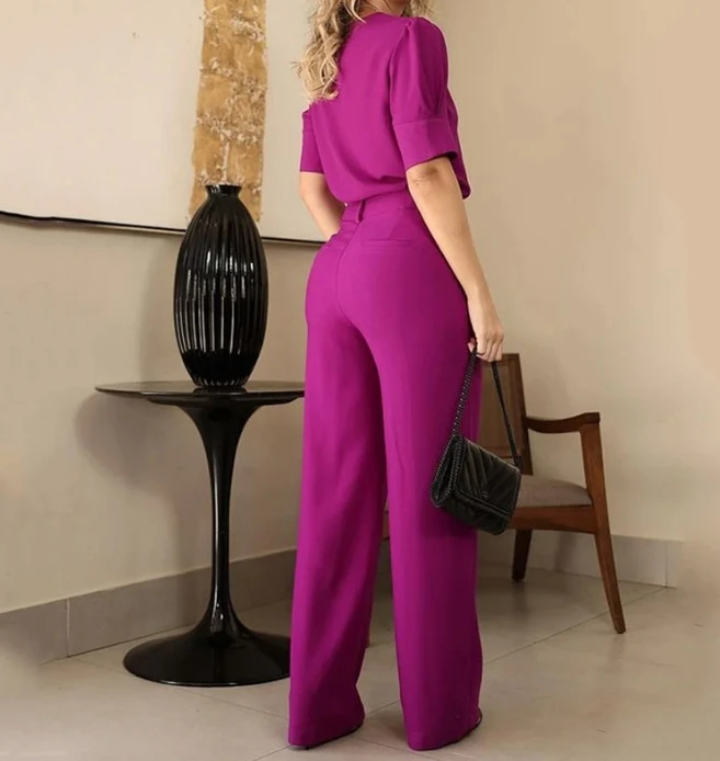 Direct and Kind Women's Casual Round Neck, Medium Sleeved, High Waisted, Wide Leg Long Pants Set In Stock