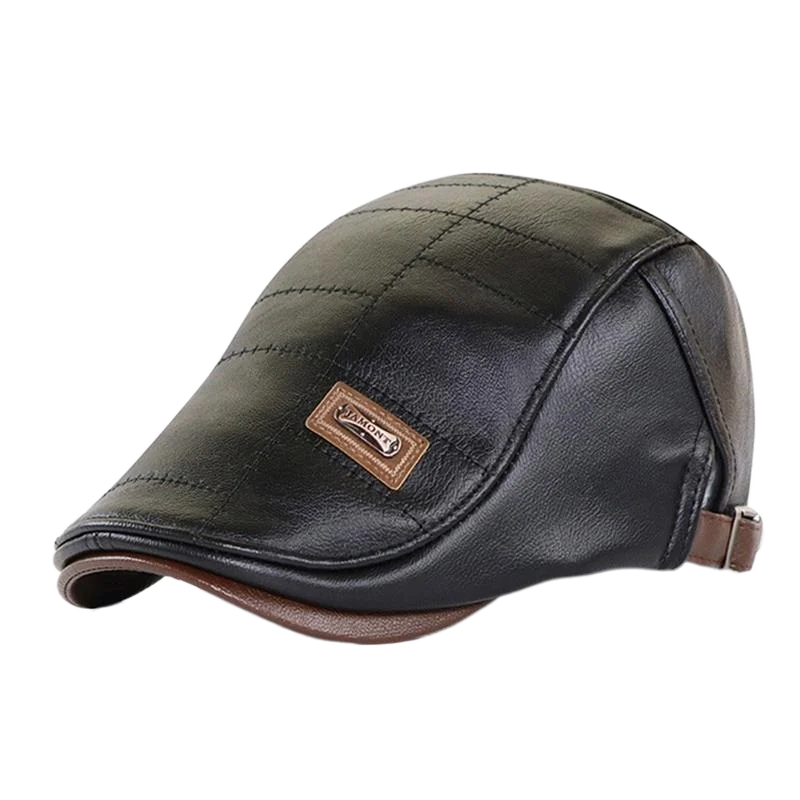 Vintage Men Beret Hat Leather Flat Cap Adjustable