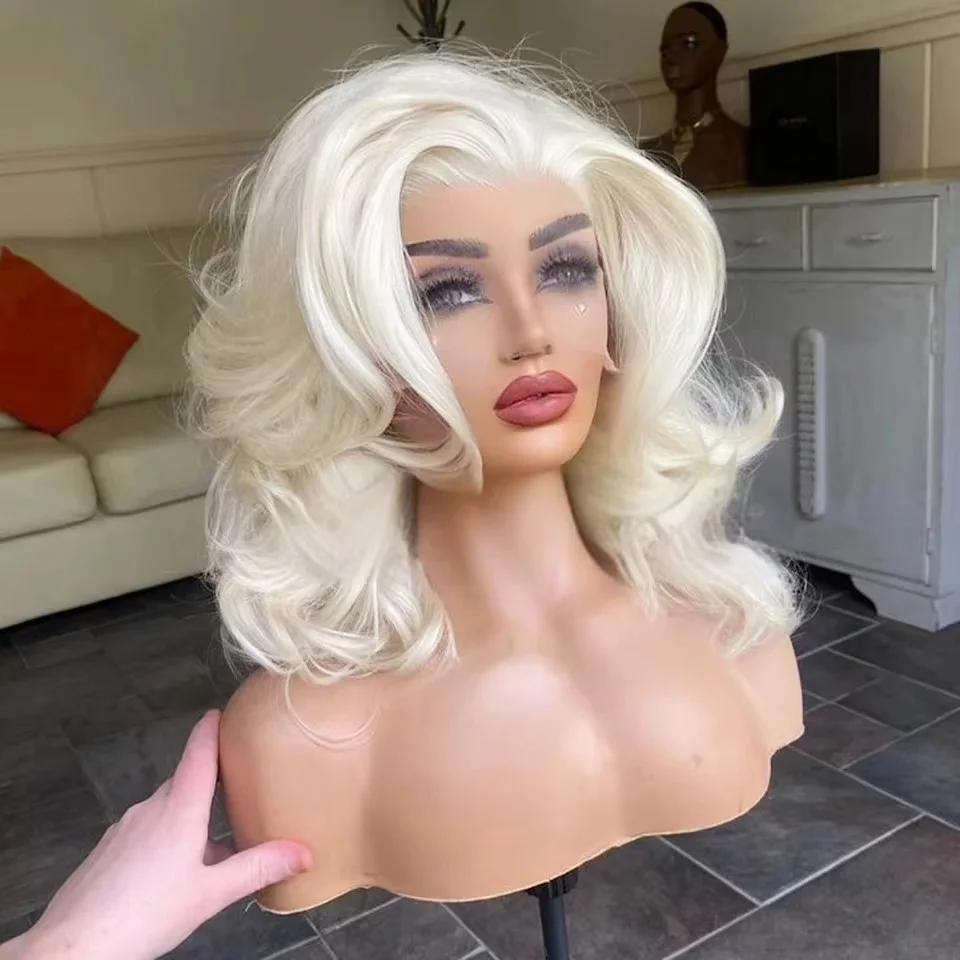 Platinum White Highlights Glueless Synthetic Hair Wigs for Women Lace Frontal Wig White Body Wave Wig PrePlucked Hairline