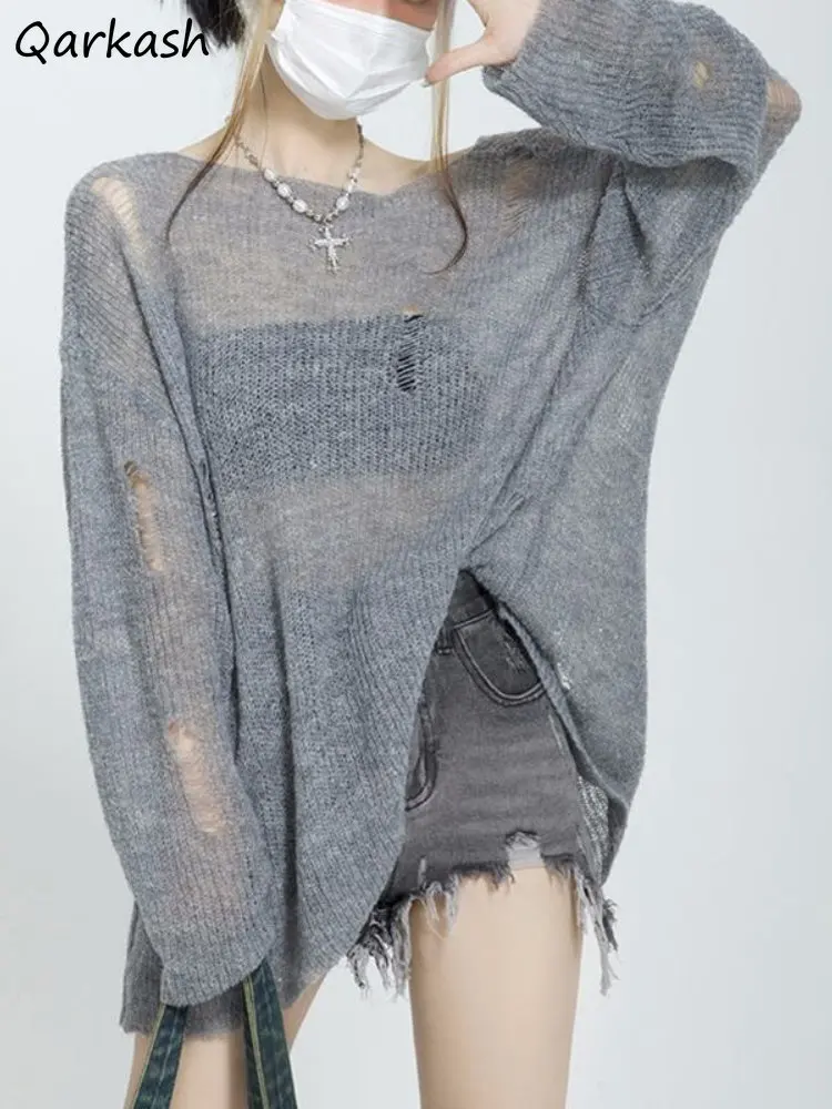 

Knitted Pullovers Women Hollow Out Vintage Loose Casual Thin Sun-proof Summer Chic Long Sleeve Fashion All-match Ins Streetwear