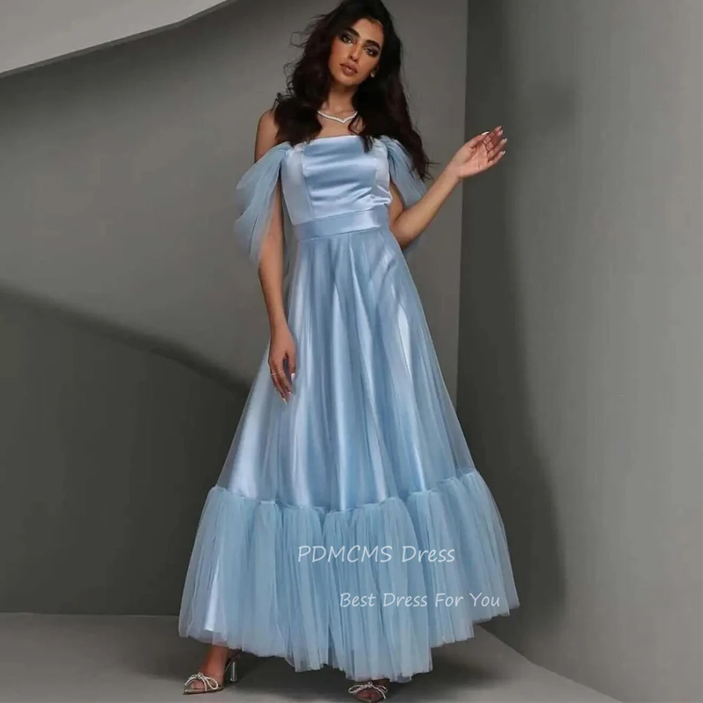 

Charming Sky Blue Satin Prom Dresses Women A-Line Tulle Strapless Formal Party Gowns Short Homecoming Evening Dress Graduation