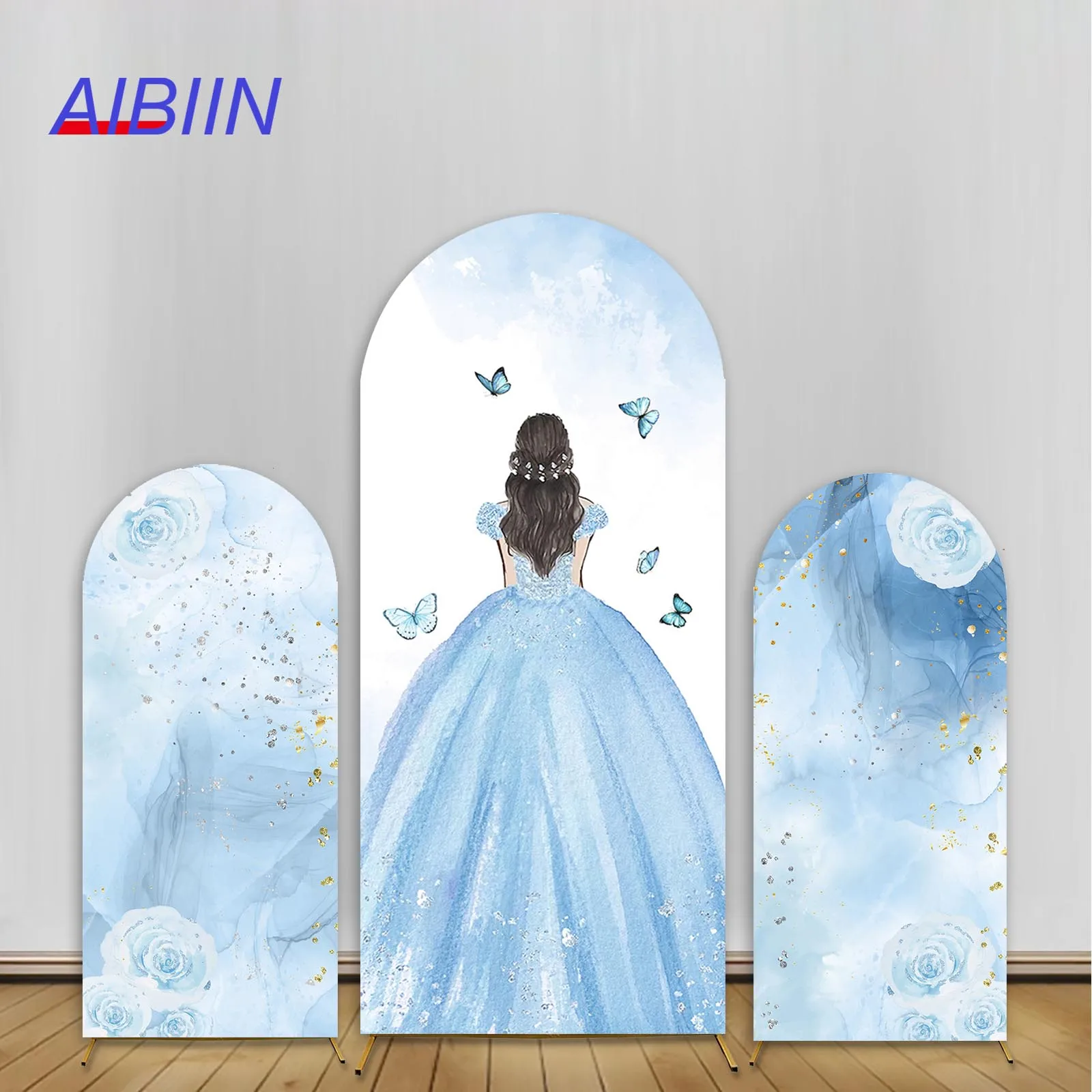 

AIBIIN Arch Backdrop Cover Girl Birthday Party Decor Photo Background Butterfly Blue Flower Cake Princess Portrait Photozone