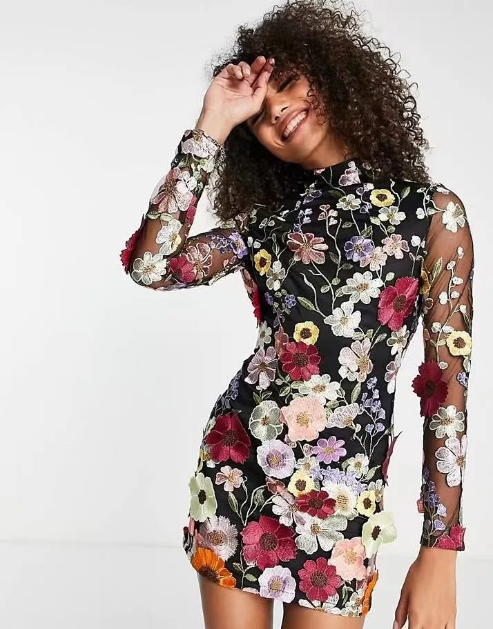 Elegant Luxury Party Dress for Women 2023 Spring Summer Floral Embroidery Backless Long Sleeve Mini Dresses Lady Vestido