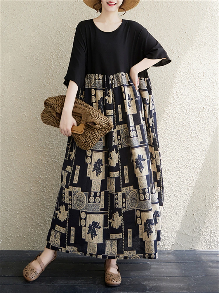 Summer Cotton Vintage Casual Loose Women Dresses Short Sleeve Patchwork Dress Femme Vestidos Office Lady Elegant Long Clothing