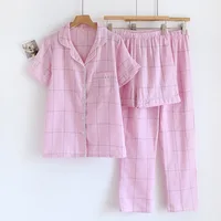 2026 New Summer Women's Pajama Set 100% Cotton Gauze Thin Short Sleeve+Shorts+Pants Simple Checkered Home Furnishing Set - Image 3