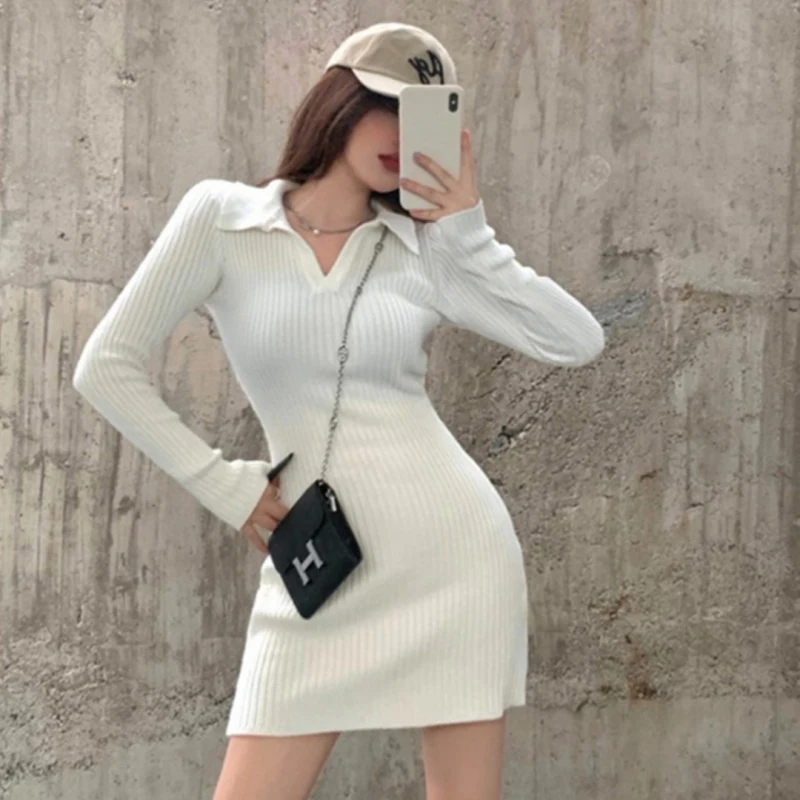 

Осенне-зимнее сексуальное модное вязаное платье с воротником-поло, женское облегающее тонкое облегающее платье-свитер на бедрах, короткая юбка