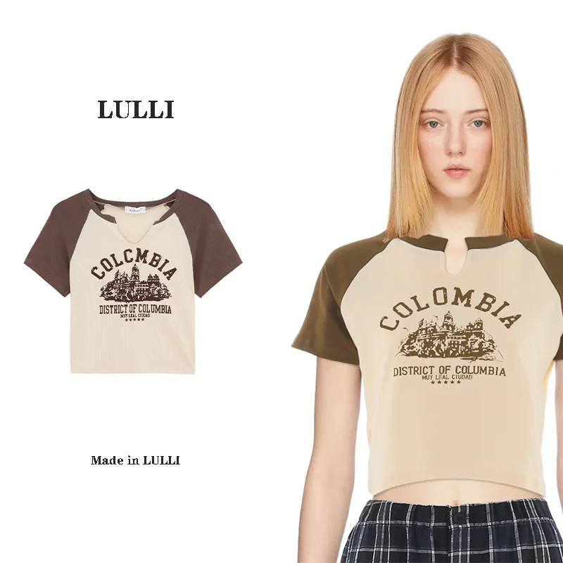 

LULLI Summer New Raglan T-shirt Women's Short Sleeve Slim Fit American Retro Print V-Neck Spicy Girls Style Top Trendy