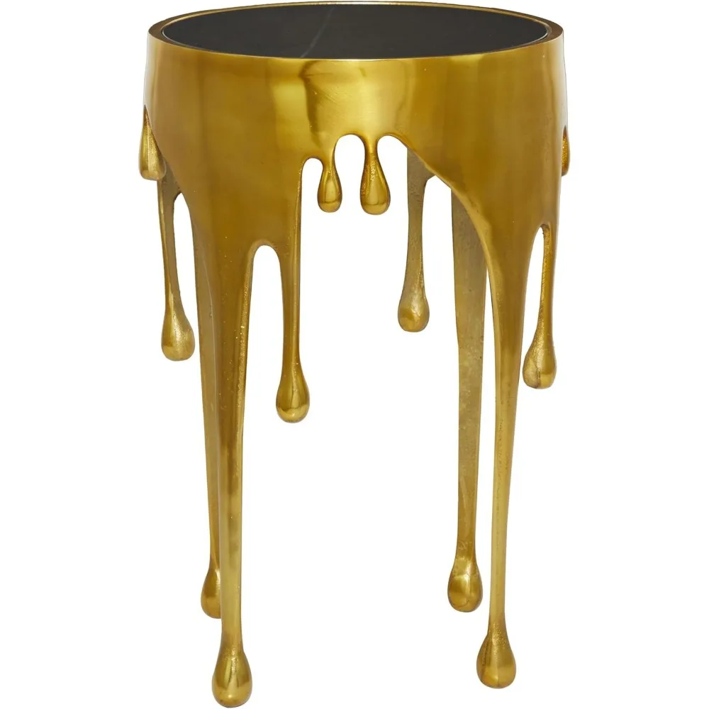 Aluminum Metal Abstract Melting Drip Accent Table with Melting Design and Shaded Glass Top, 16' X 16' X 25', Gold 6