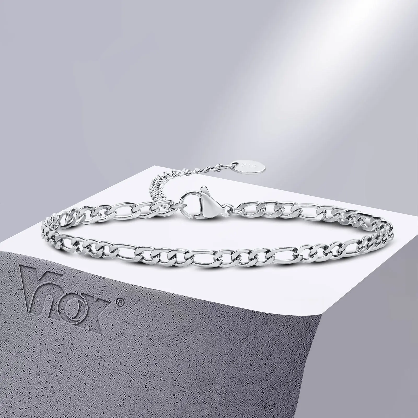 Vnox 3/5mm Width Figaro Chain Bracelets for Women, Anti Allergy Stainless Steel Link Chain Wristband, Length Adjustable